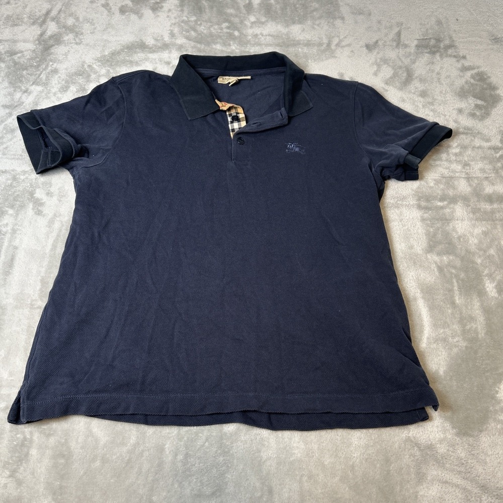 Burberry London Polo Shirt Mens Large Dark Blue Nova Check Pique Logo Luxury